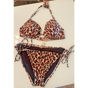 Victoria's Secret Animal Print String Bikini Size 34B top/Lg Bottoms Fits Small